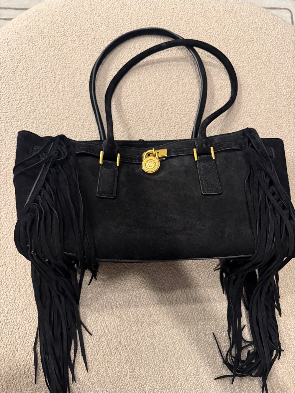 Michael Kors Black Suede Fringe Shoulder Bag with Gold Hardware